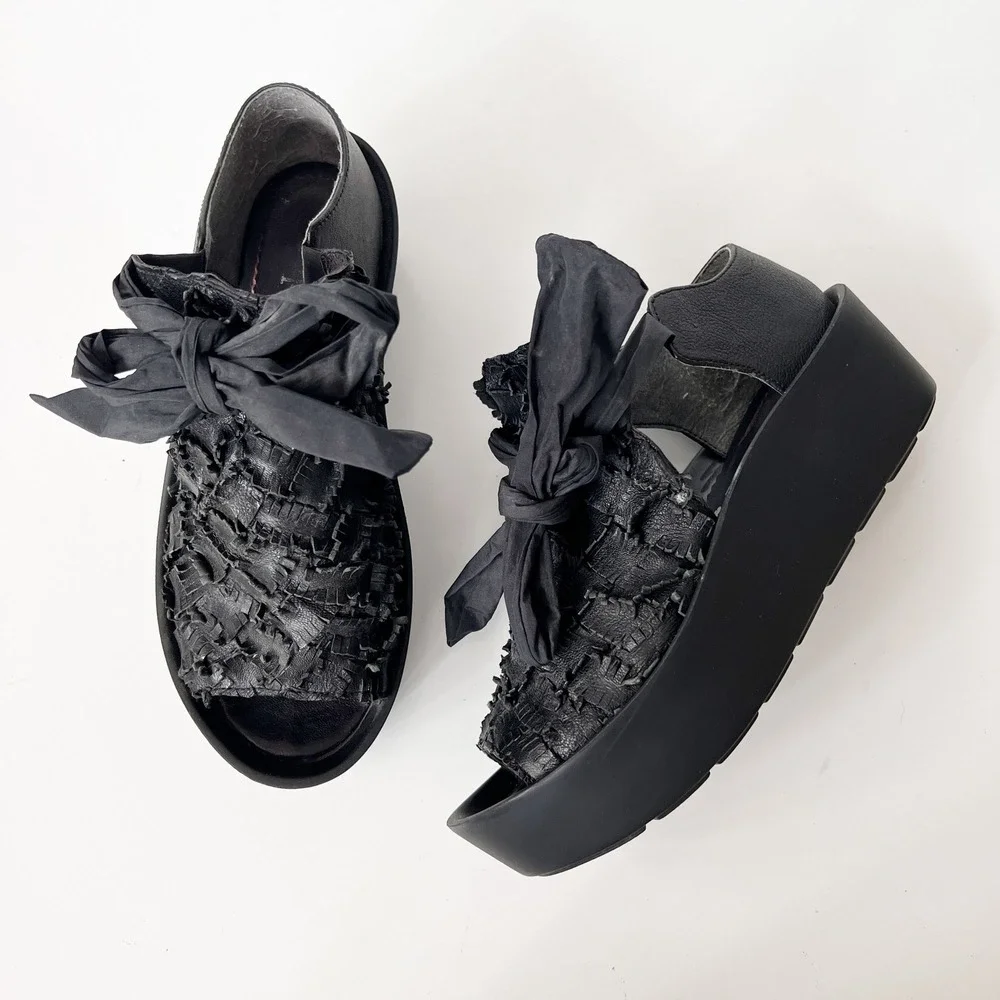 Papucei Platform Sandals Size 41 Black Woven Fringe Leather Ankle Tie Artsy Goth